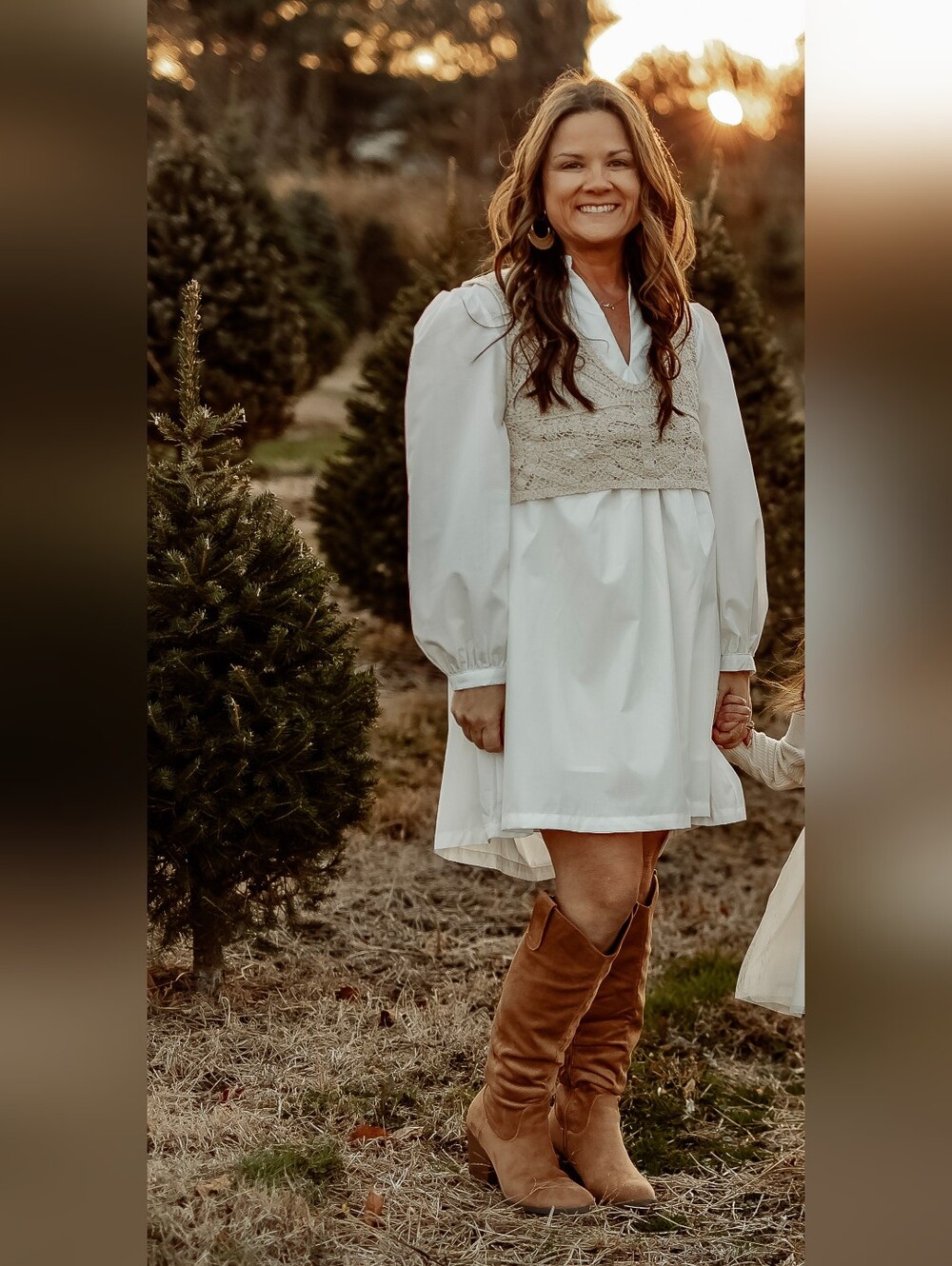 Puff-Sleeve Shift Dress with Crochet Vest Accent